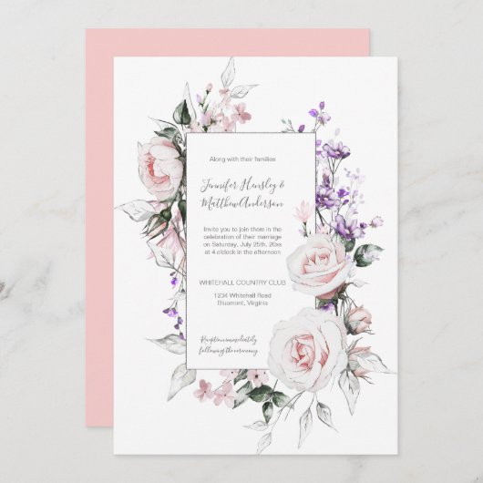 Blush roze rozen Paarse wilde bloemen Lijst bruilo Kaart (Voorkant / Achterkant)