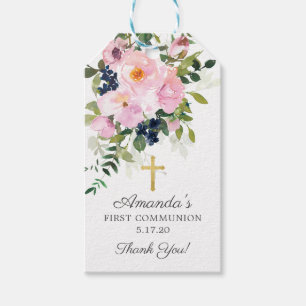 Blush Roze Rozen & Pioenen Eerste Communie Favor Cadeaulabel