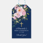 Blush Roze Rozen & Pioenen Eerste Communie Favor Cadeaulabel (Voorkant)