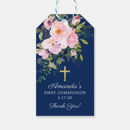 Blush Roze Rozen & Pioenen Eerste Communie Favor Cadeaulabel (Voorkant)