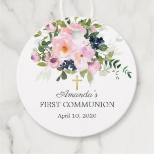 Blush Roze Rozen & Pioenen Eerste Heilige Communie Bedankjes Labels