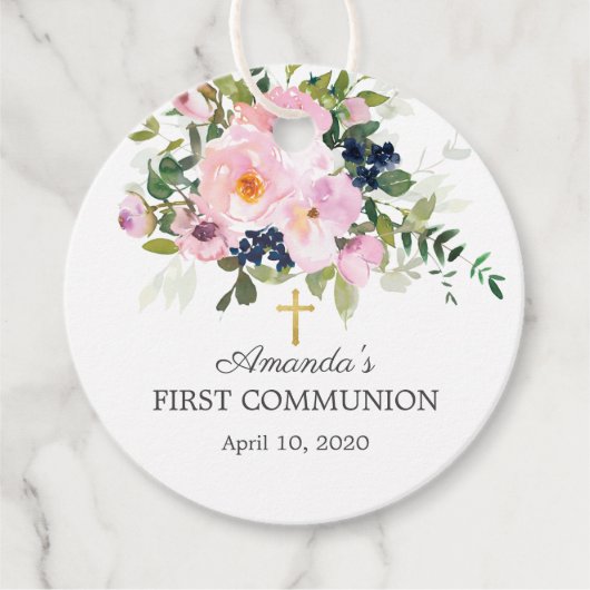 Blush Roze Rozen & Pioenen Eerste Heilige Communie Bedankjes Labels (Voorkant)