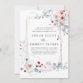 Blush roze rozen rood en blauwe bloemen bruiloft kaart (Voorkant)