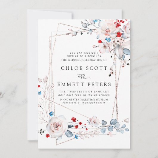 Blush roze rozen rood en blauwe bloemen bruiloft kaart (Voorkant)