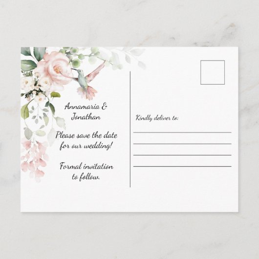 Blush roze rozen Sage Green Leaves Hummingbird Briefkaart (Achterkant)
