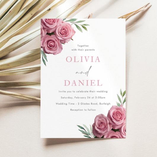 Blush Roze Rozen Sage Groene bladeren Bruiloft Kaart