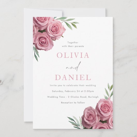 Blush Roze Rozen Sage Groene bladeren Bruiloft Kaart (Voorkant)