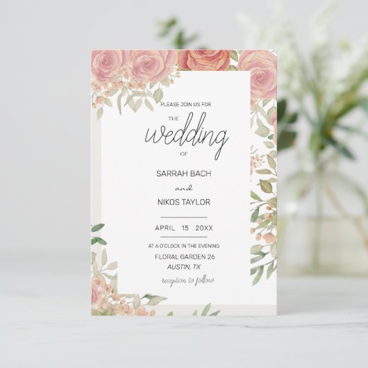 Blush roze rozen struik waterverf kunst kaart (Staand voorkant)