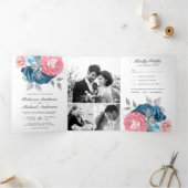 Blush roze rozen Stusty Blue Floral Wedding Drieluik Uitnodiging (Binnen)
