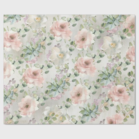 Blush Roze Rozen Succulent & Eucalyptus Cadeaupapier (Vlak)