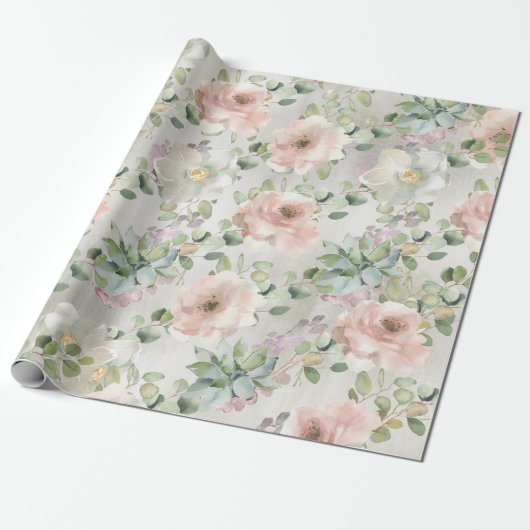 Blush Roze  Rozen Succulent & Eucalyptus Cadeaupapier (Uitgerold)