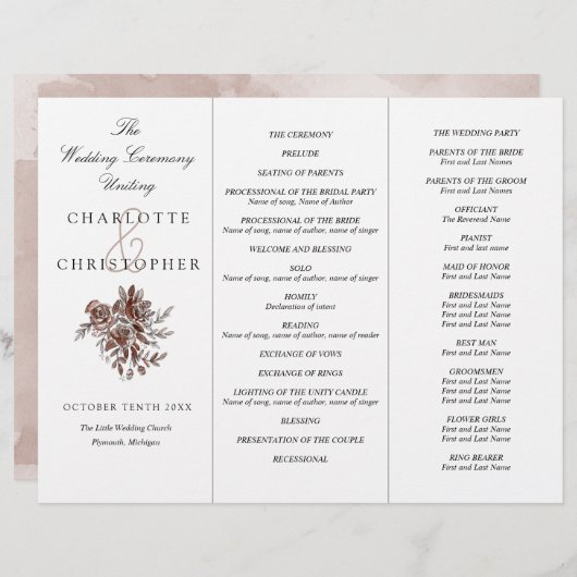 Blush roze rozen Tri Fold bruiloft-programma (Voorkant / Achterkant)