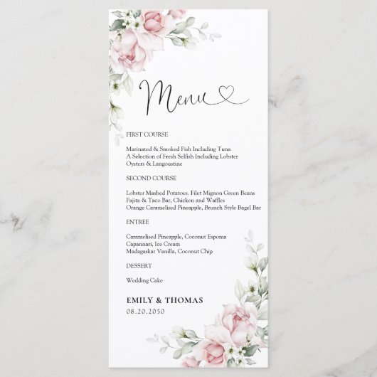 Blush Roze Rozen Trouwceremonie Menu (Voorkant)