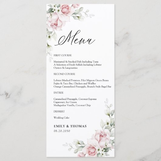 Blush Roze Rozen Trouwceremonie Menu (Voorkant)