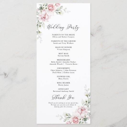 Blush Roze Rozen Trouwprogramma Programmakaart (Achterkant)