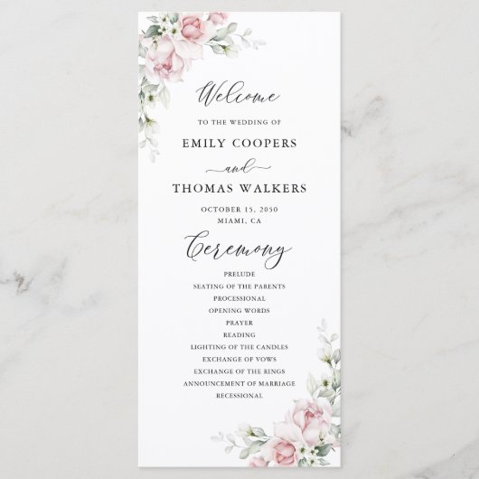 Blush Roze Rozen Trouwprogramma Programmakaart (Voorkant)
