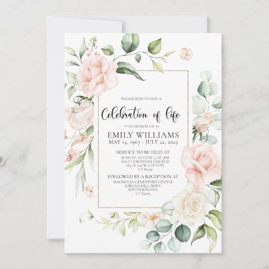 Blush roze rozen viering levensuitnodiging kaart (Voorkant)