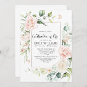 Blush roze rozen viering levensuitnodiging kaart (Voorkant / Achterkant)