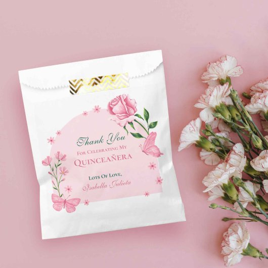 Blush roze rozen & vlinderbloem Quinceañera Bedankzakje