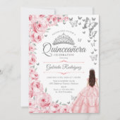 Blush Roze Rozen Vlinders Bloemen Quinceanera Kaart (Voorkant)