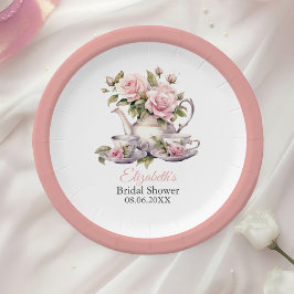 Blush Roze Rozen Vrijgezellenfeest Thee Brunch Papieren Bordje