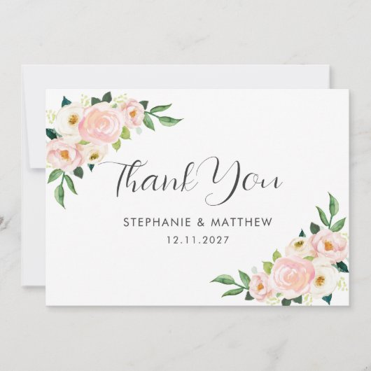 Blush Roze Rozen Waterverf Botanische bruiloft Bedankkaart (Voorkant)