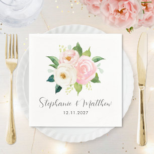Blush Roze Rozen Waterverf Botanische bruiloft Servet