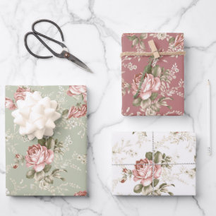Blush roze rozen / wit, salie, oud Roos achtergron Inpakpapier Vel