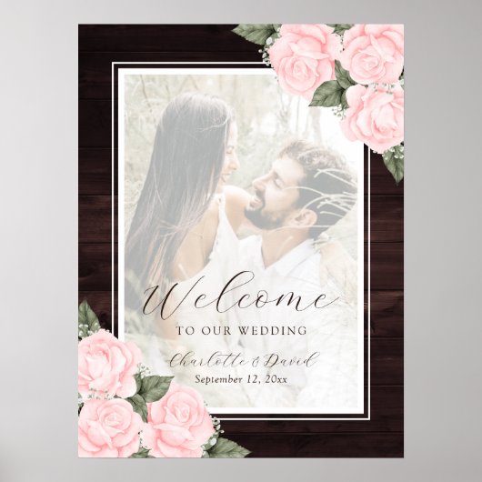 Blush Roze Rustic Wood Floral Foto Welkom Poster (Voorkant)