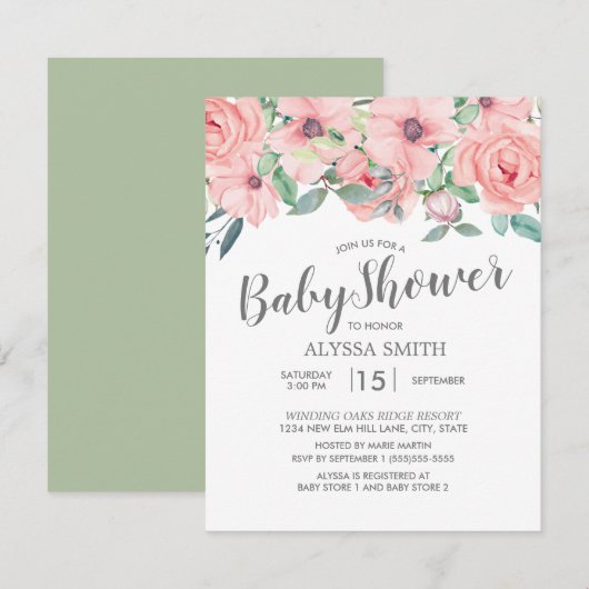 Blush Roze Sage Green Floral Baby shower Kaart (Voorkant / Achterkant)