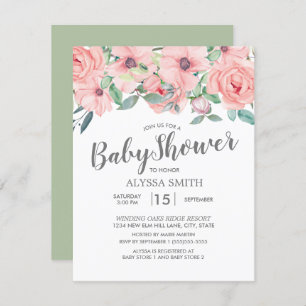 Blush Roze Sage Green Floral Baby shower Kaart