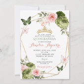 Blush Roze Sage Groen Geometrisch Bloemen Quinceañ Kaart (Voorkant)