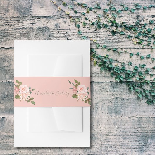 Blush Roze & Sage Groene Bloemen Bruiloft Uitnodigingen Wikkel