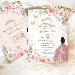 Blush Roze Salie Bloemen Bruin Prinses Quinceañera Kaart