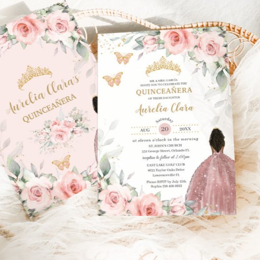 Blush Roze Salie Bloemen Bruin Prinses Quinceañera Kaart