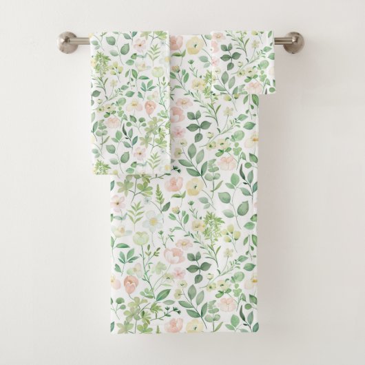 Blush Roze Salie Groen Bloemen Groen Waterverf Bad Handdoek (Insitu)