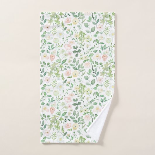 Blush Roze Salie Groen Bloemen Groen Waterverf Bad Handdoek (Handdoek)