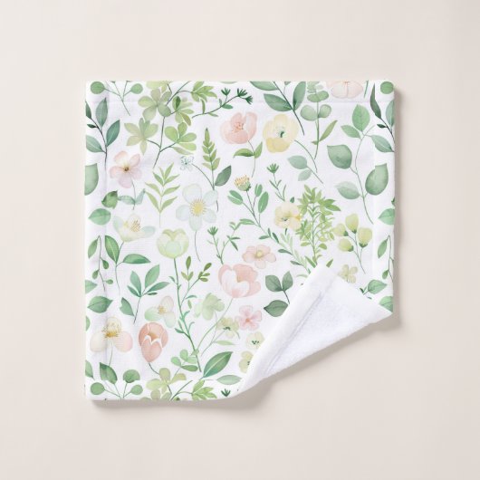 Blush Roze Salie Groen Bloemen Groen Waterverf Bad Handdoek (Wasdoekje)