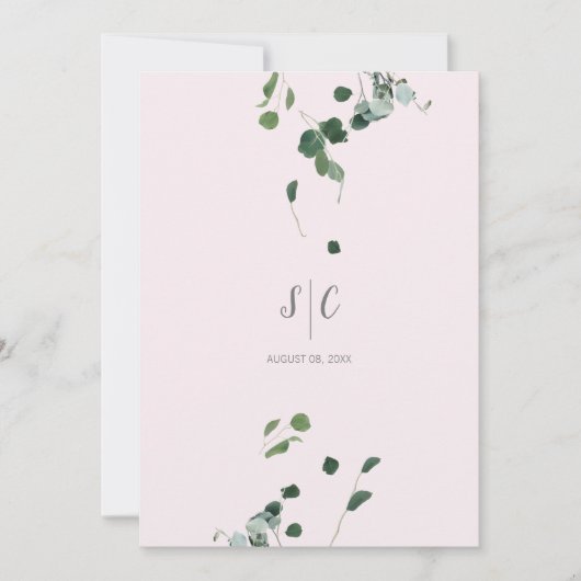 Blush roze salie groene bladeren botanische eucaly kaart (Voorkant)