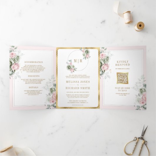 Blush roze salie groene bloem alles in een bruilof drieluik uitnodiging (Binnen)