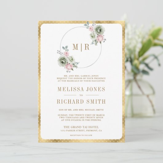 Blush roze salie groene bloem alles in een bruilof kaart (Staand voorkant)