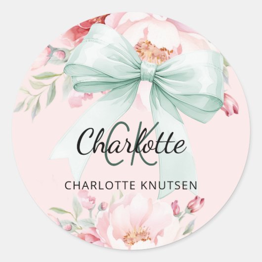 Blush roze salie groene boog bloemen monogram ronde sticker (Voorkant)