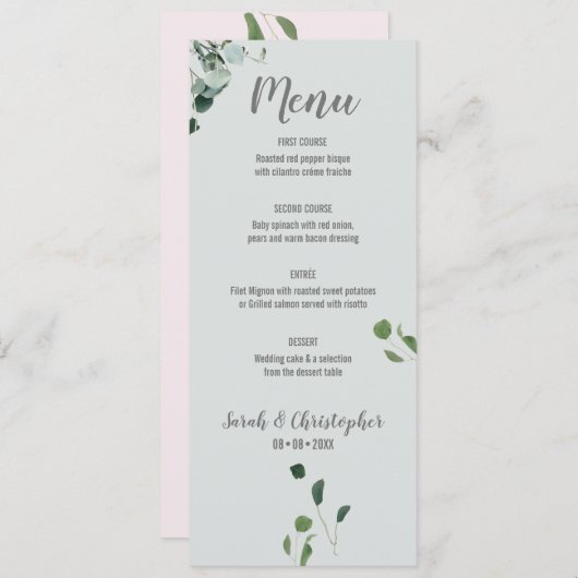 Blush Roze Salie Groene Eucalyptus bladeren Menu (Voorkant / Achterkant)