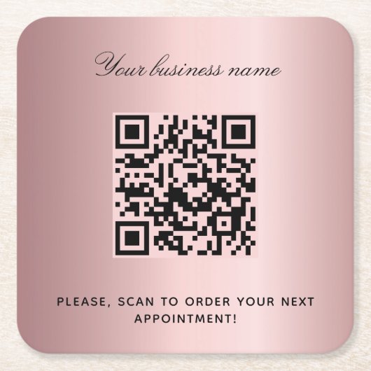 Blush roze salon naam qr code kartonnen onderzetters (Voorkant)