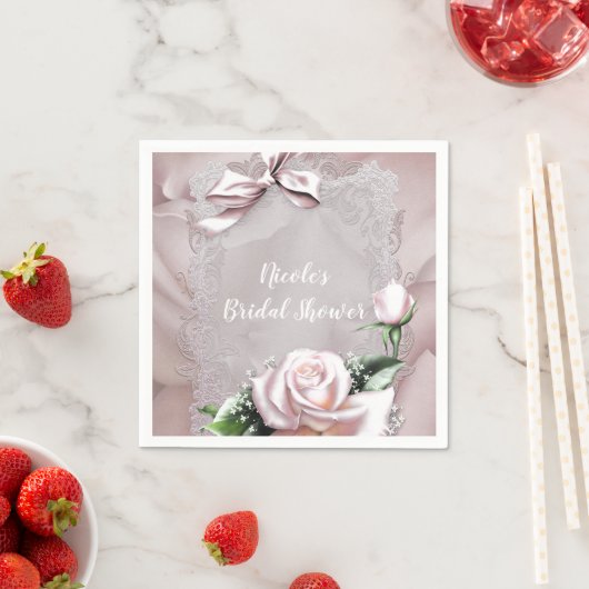 Blush Roze Satijn Bow & Roos Romantisch Bloemen Servetten (Insitu)