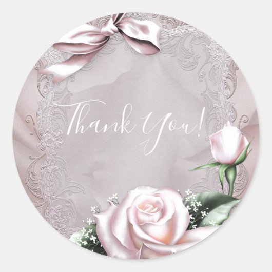 Blush Roze Satijn Bow & Roos Romantische bruiloft  Ronde Sticker (Voorkant)