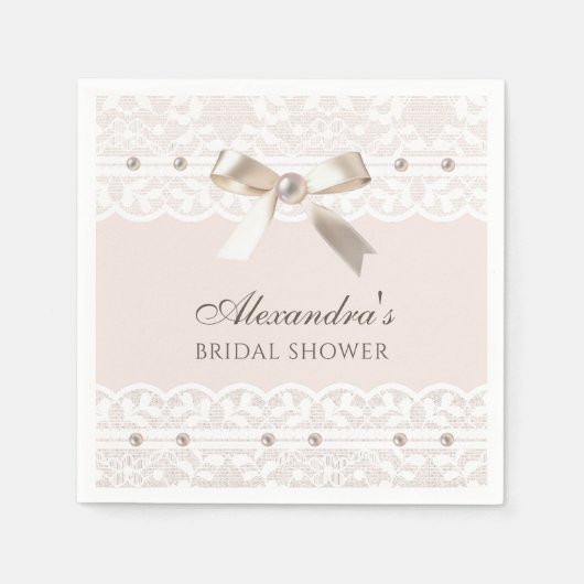 Blush Roze Satijn Bow Wit Kant Vrijgezellenfeest Servet (Voorkant)