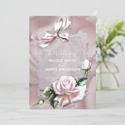 Blush roze satijnbow & Roos Romantische bruiloft Kaart (Staand voorkant)