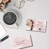 Blush roze satijnzijde foto elegant QR-code Visitekaartje