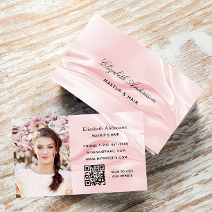 Blush roze satijnzijde foto elegant QR-code Visitekaartje